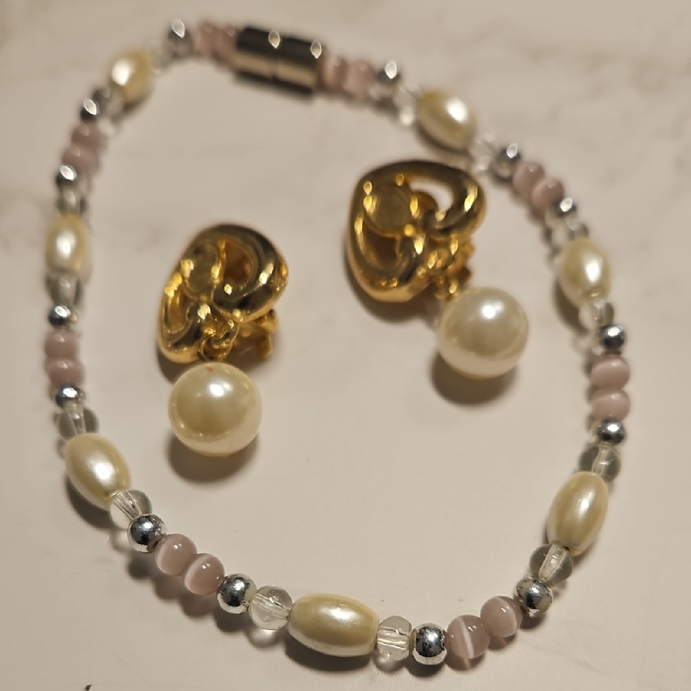 Vintage Pearl Bracelet And Beads and Clip On Pearl Earring Jewelry Set